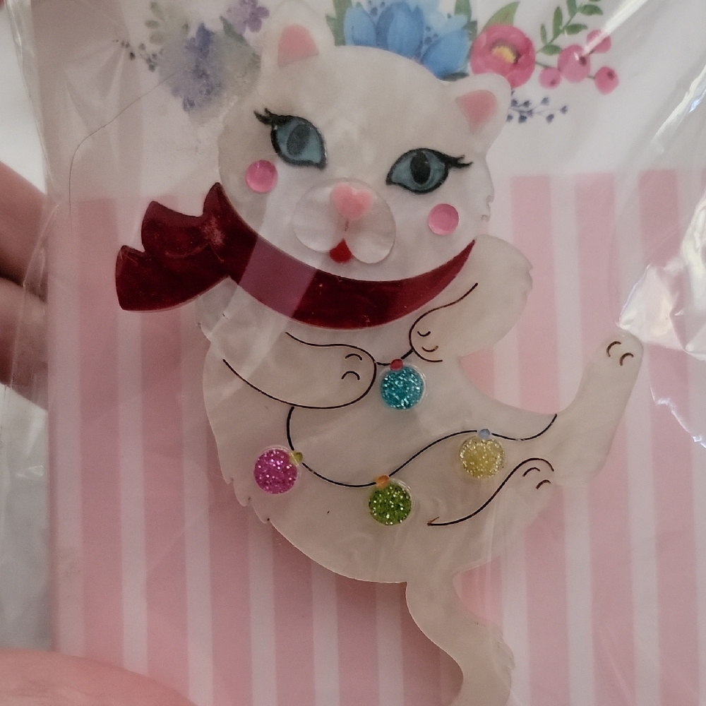 Floral Cat Brooch with Red Scarf